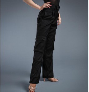 Black women's men's  wide leg swing pocket  competition professional performance latin ballroom dance pants trousers